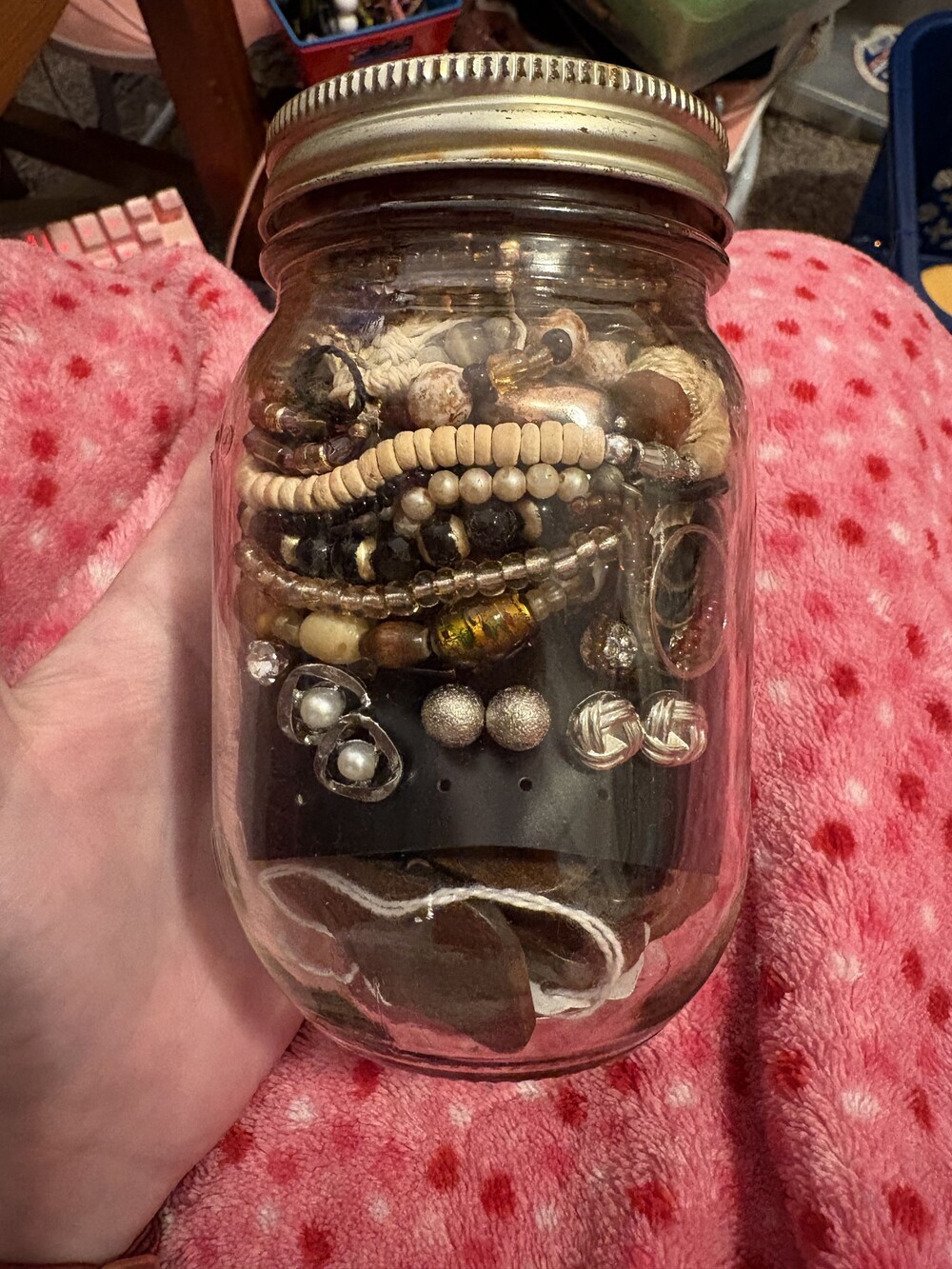 Assorted Jewelry Lot in Clear Glass Jar Mixed Beaded Bracelets Earrings Rings